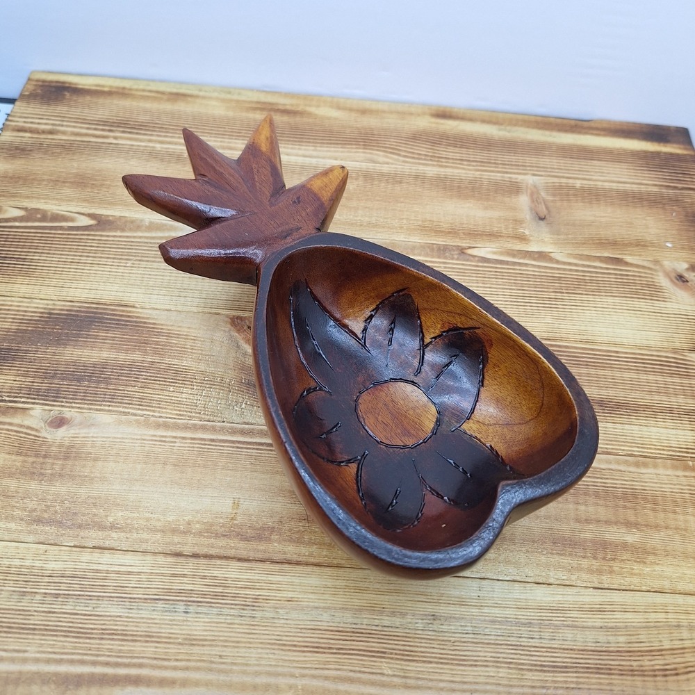 Vintage Hand Carved Wood Floral Pineapple‎ 10" Folk Art Home Decor Tray Bowl